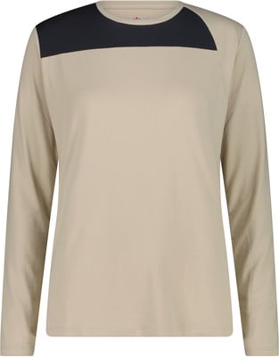 Beiges Langarmshirt mit einem dunkelblauen Streifen über der Brust. Beiges Langarmshirt mit einem dunkelblauen Streifen über der Brust.
