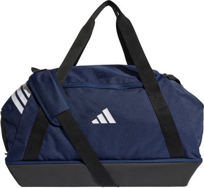 Dunkelblaue Adidas Sporttasche mit weißem Logo und Streifen.