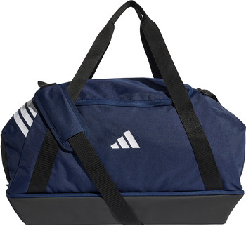 Dunkelblaue Adidas Sporttasche mit weißem Logo und Streifen.