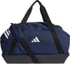 Dunkelblaue Adidas Sporttasche mit weißem Logo und Streifen.