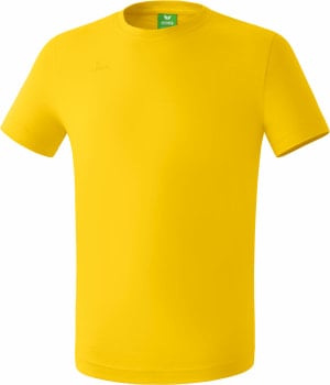 Ein gelbes T-Shirt mit kurzen Ärmeln und dem Erima-Logo auf der Brust.