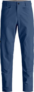 Blaue Herrenhose mit Taschen und Knopfverschluss.