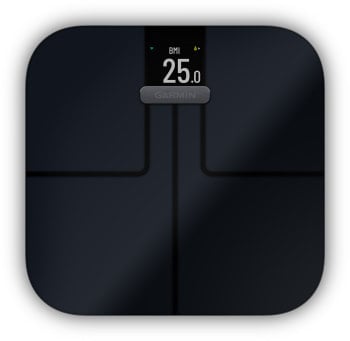 Eine Garmin-Digitalwaage zeigt einen BMI von 25,0 und das Garmin-Logo an.