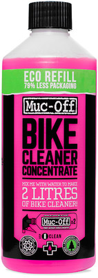Rosa Flasche Muc-Off Bike Cleaner Concentrate mit Aufschrift Eco Refill. Rosa Flasche Muc-Off Bike Cleaner Concentrate mit Aufschrift Eco Refill.
