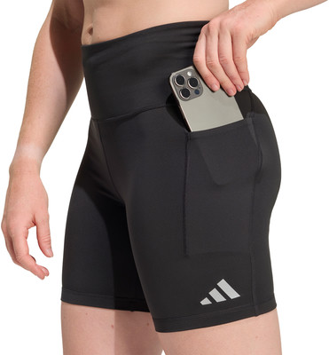 Schwarze Damen-Shorts mit Handytasche und Adidas-Logo. Schwarze Damen-Shorts mit Handytasche und Adidas-Logo.