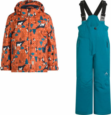 Orange Jacke mit Tiermuster und blaue Latzhose für Skifahrer. Orange Jacke mit Tiermuster und blaue Latzhose für Skifahrer.