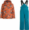 Orange Jacke mit Tiermuster und blaue Latzhose für Skifahrer.