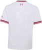 Weißes Fußballtrikot mit roten Streifen an Ärmeln und Kragen.