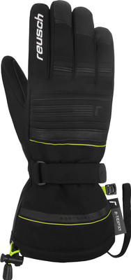 Schwarze Reusch-Handschuhe mit weißem Logo und gelben Details. Schwarze Reusch-Handschuhe mit weißem Logo und gelben Details.
