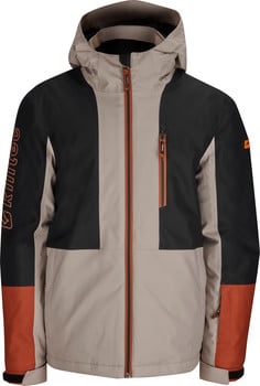 Herrenjacke mit Kapuze in mehrfarbigem Design, mit orangefarbenen Details.