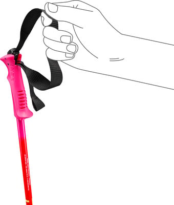 Eine Hand hält einen pinken Skistockgriff mit Schlaufe. Eine Hand hält einen pinken Skistockgriff mit Schlaufe.