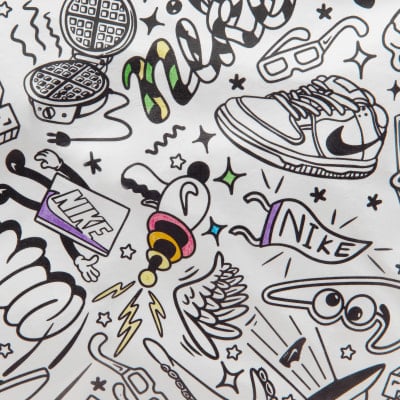 Das Bild ist voller gezeichneter Nike-Motive wie Schuhe, Logo und Waffeleisen. Das Bild ist voller gezeichneter Nike-Motive wie Schuhe, Logo und Waffeleisen.