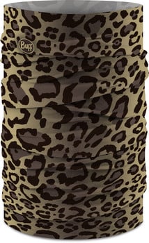 Ein Buff-Nackenwärmer mit Leopardenmuster in Beige- und Brauntönen.