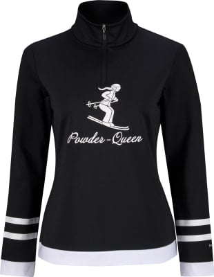 Schwarzes Shirt mit weißem Aufdruck einer Skifahrerin und dem Schriftzug Powder-Queen.