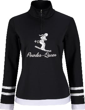 Schwarzes Shirt mit weißem Aufdruck einer Skifahrerin und dem Schriftzug Powder-Queen.