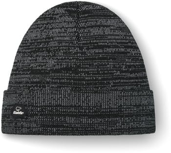 Eine schwarz-graue melierte Mütze mit Eisbär-Logo an der Seite.