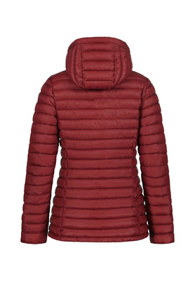 Rückansicht einer dunkelroten Steppjacke mit Kapuze. Rückansicht einer dunkelroten Steppjacke mit Kapuze.