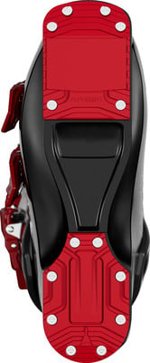 Schwarzer Skischuh mit roter Sohle und Atomic-Logo. Schwarzer Skischuh mit roter Sohle und Atomic-Logo.