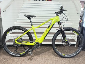 Ein grünes Genesis E-Bike mit Federung und Scheibenbremsen steht auf einer Treppe.