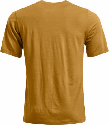 Ein senfgelbes T-Shirt mit kurzen Ärmeln, von hinten gesehen. Ein senfgelbes T-Shirt mit kurzen Ärmeln, von hinten gesehen.