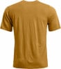 Ein senfgelbes T-Shirt mit kurzen Ärmeln, von hinten gesehen.