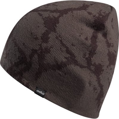 Dunkelbraune Strickmütze mit digitalem Camouflage-Muster und Logo.
