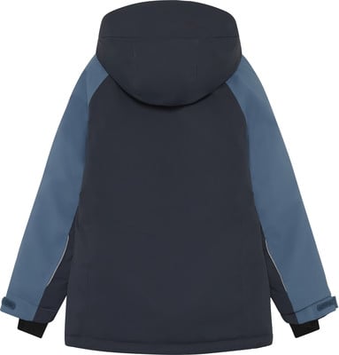Rückansicht einer dunkelblauen Jacke mit blauen Ärmeln und Kapuze. Rückansicht einer dunkelblauen Jacke mit blauen Ärmeln und Kapuze.