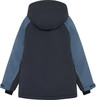 Rückansicht einer dunkelblauen Jacke mit blauen Ärmeln und Kapuze.