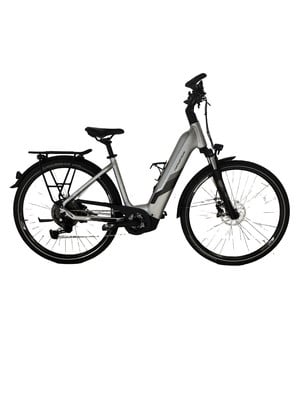 Silbernes E-Bike mit Gepäckträger und Schutzblechen auf weißem Hintergrund.