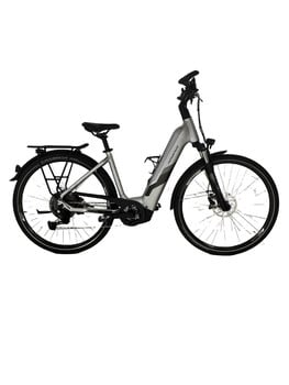 Silbernes E-Bike mit Gepäckträger und Schutzblechen auf weißem Hintergrund.
