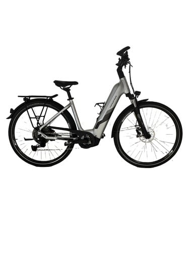 Silbernes E-Bike mit Gepäckträger und Schutzblechen auf weißem Hintergrund.