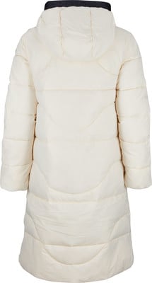 Rückansicht einer cremefarbenen Daunenjacke mit Kapuze und dunklem Saum. Rückansicht einer cremefarbenen Daunenjacke mit Kapuze und dunklem Saum.