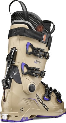 Ein Tecnica Decoy 130 Skischuh in Beige mit violetten Akzenten. Ein Tecnica Decoy 130 Skischuh in Beige mit violetten Akzenten.