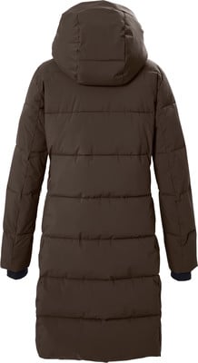 Rückansicht einer dunkelbraunen Daunenjacke mit Kapuze und Steppung. Rückansicht einer dunkelbraunen Daunenjacke mit Kapuze und Steppung.