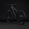 Schwarzes Mountainbike mit mattem Rahmen und schwarzen Rädern vor dunklem Hintergrund.