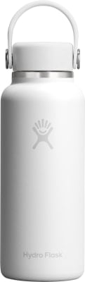 Weiße Hydro Flask Flasche mit Logo und Henkel.