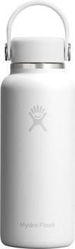 Weiße Hydro Flask Flasche mit Logo und Henkel.