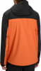 Rückansicht einer orangefarbenen Jacke mit schwarzen Ärmeln und Kapuze.