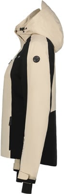 Beige Jacke mit schwarzen Streifen und Kapuze, Reißverschluss. Beige Jacke mit schwarzen Streifen und Kapuze, Reißverschluss.