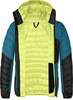 Grüne Daunenjacke mit blauen und schwarzen Einsätzen, von vorne geöffnet.