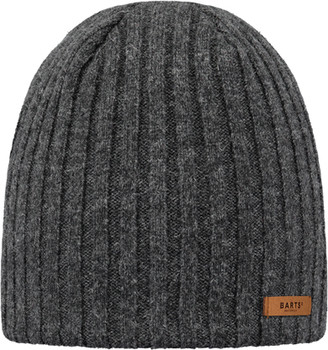 Graue Rippstrickmütze mit braunem Lederetikett von Barts.