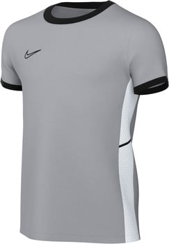 Graues Nike-T-Shirt mit schwarzem Kragen und schwarzen Ärmelstreifen.