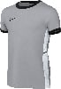 Graues Nike-T-Shirt mit schwarzem Kragen und schwarzen Ärmelstreifen.