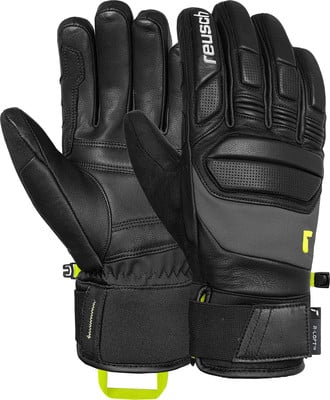 Schwarze Reusch Skihandschuhe mit Logo und grauen Elementen.