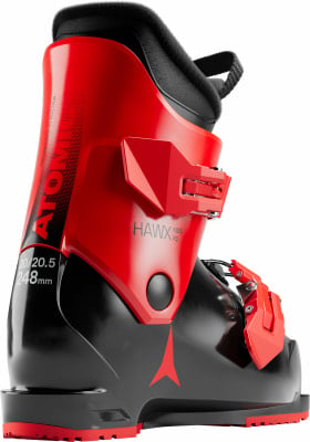 Ein rot-schwarzer Atomic Hawx Kinderski-Stiefel mit Schnallen.