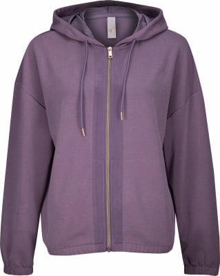Lila Damen-Kapuzenjacke mit durchgehendem Reißverschluss. Lila Damen-Kapuzenjacke mit durchgehendem Reißverschluss.