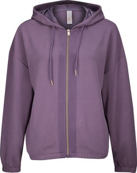 Lila Damen-Kapuzenjacke mit durchgehendem Reißverschluss.
