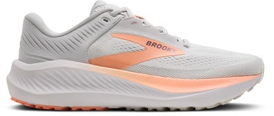 Graue Brooks Laufschuhe mit orangefarbenem Logo und Sohle. Graue Brooks Laufschuhe mit orangefarbenem Logo und Sohle.