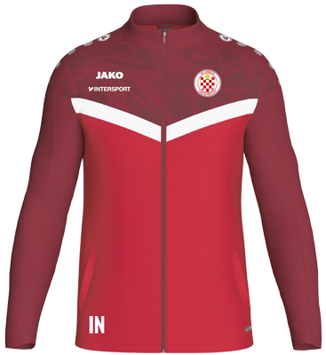 Eine rote Jacke mit einem weißen Streifen, Logo und Schriftzug IN.