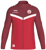 Eine rote Jacke mit einem weißen Streifen, Logo und Schriftzug IN.
